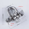 A heavy-duty stainless steel buckle pulley with various dimensions and features shown in a diagram.