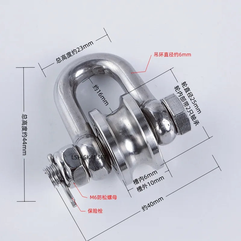 A heavy-duty stainless steel buckle pulley with various dimensions and features shown in a diagram.