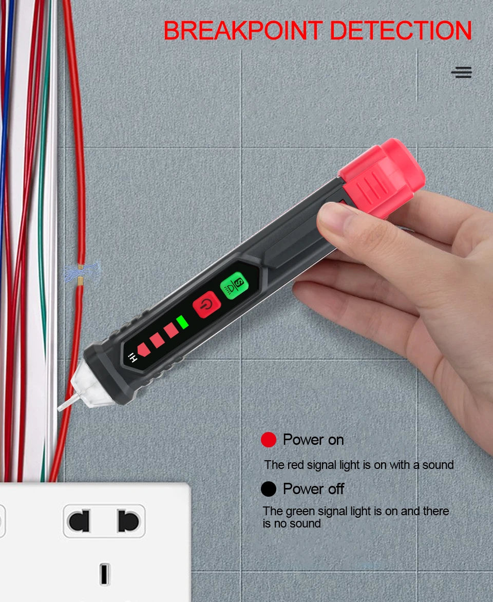 A hand holds a non-contact voltage tester pen with a red and green light to detect electrical breakpoints.