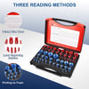 A red and black thread checker kit showing three reading methods: printed chart, laser engraving surface, and printing on foa