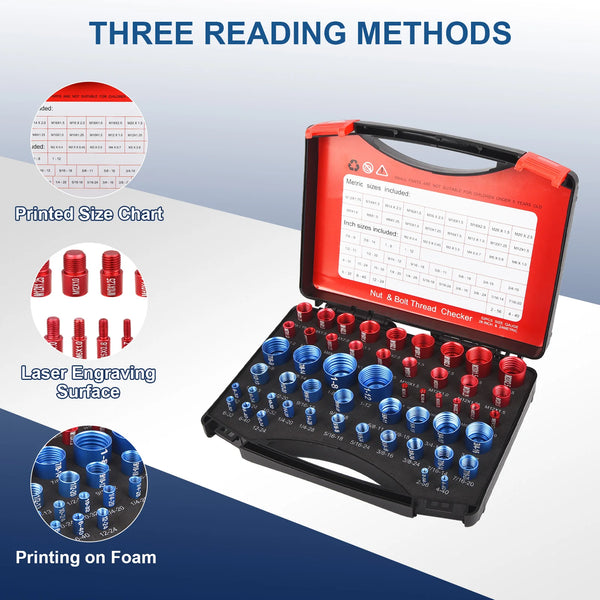 A red and black thread checker kit showing three reading methods: printed chart, laser engraving surface, and printing on foa