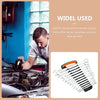 Plastic wrench organizer rack with multiple hand wrenches neatly stored in a white holder