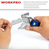 A hand is holding a multi-tool utility knife with a blue handle and silver blade, demonstrating the blade replacement feature