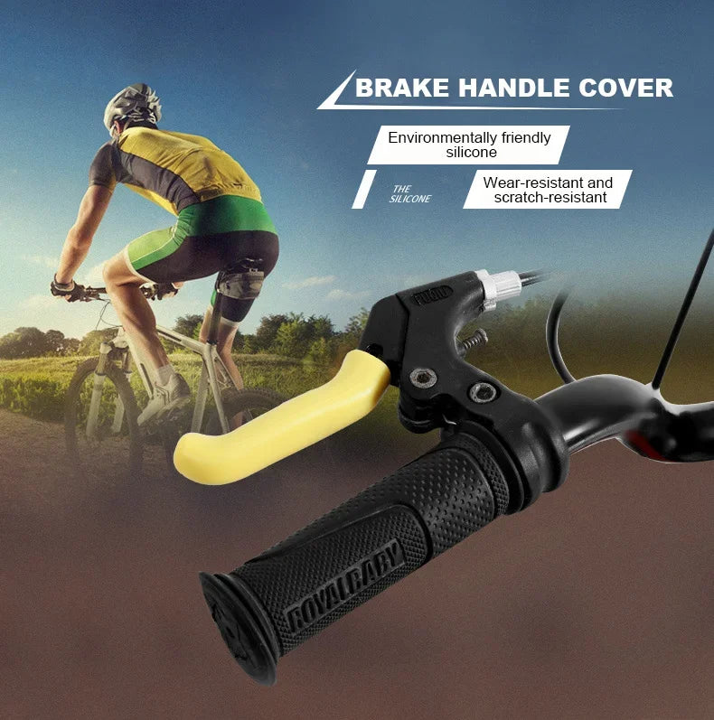 Close-up of a bicycle brake handle with a yellow silicone cover, highlighting its wear-resistant and scratch-resistant featur