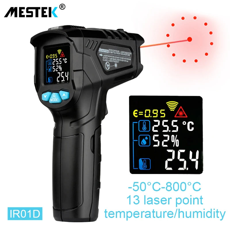 Thermomètre infrarouge digital MESTEK IR01D affichant 25,4°C et les réglages d'humidité.