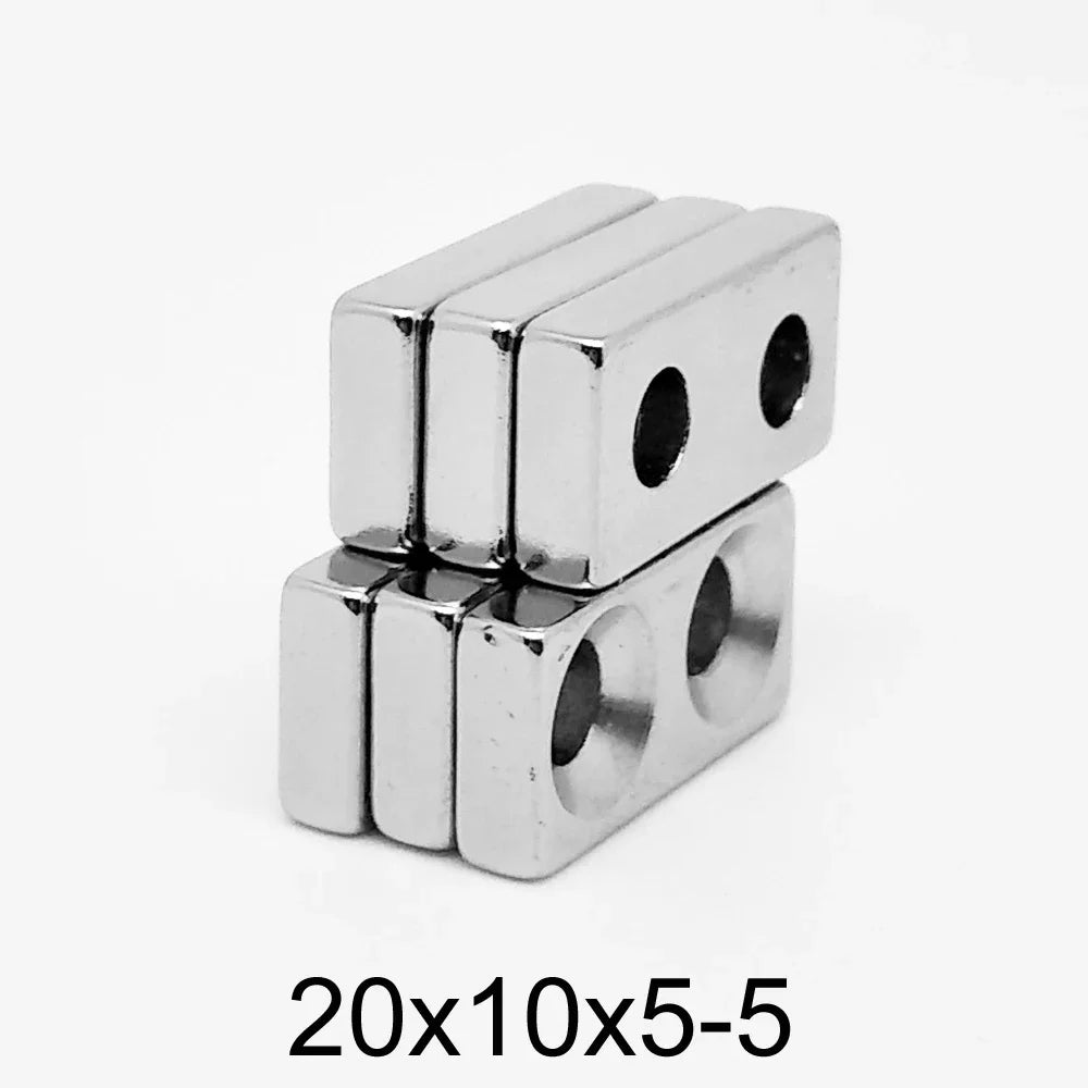 A stack of silver rectangular neodymium magnets with dimensions 20x10x5 mm.