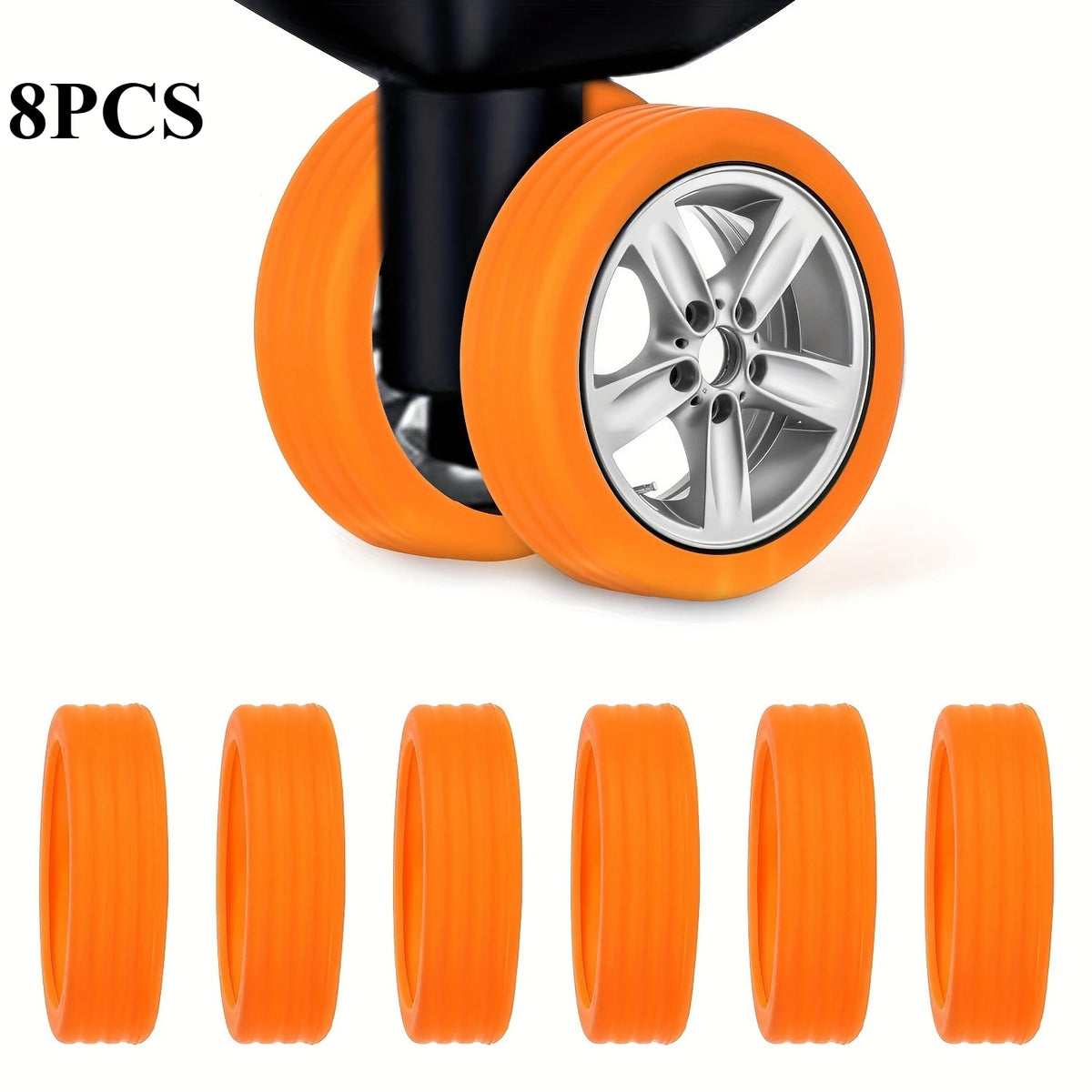 Eight orange protective luggage wheels shown in various views and mounted on a black axle.