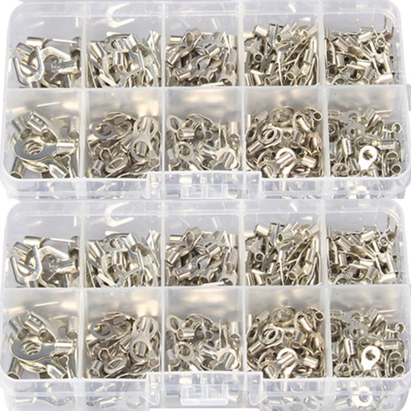 Assortment kit of brass ring fork crimp terminals and components in a clear plastic container