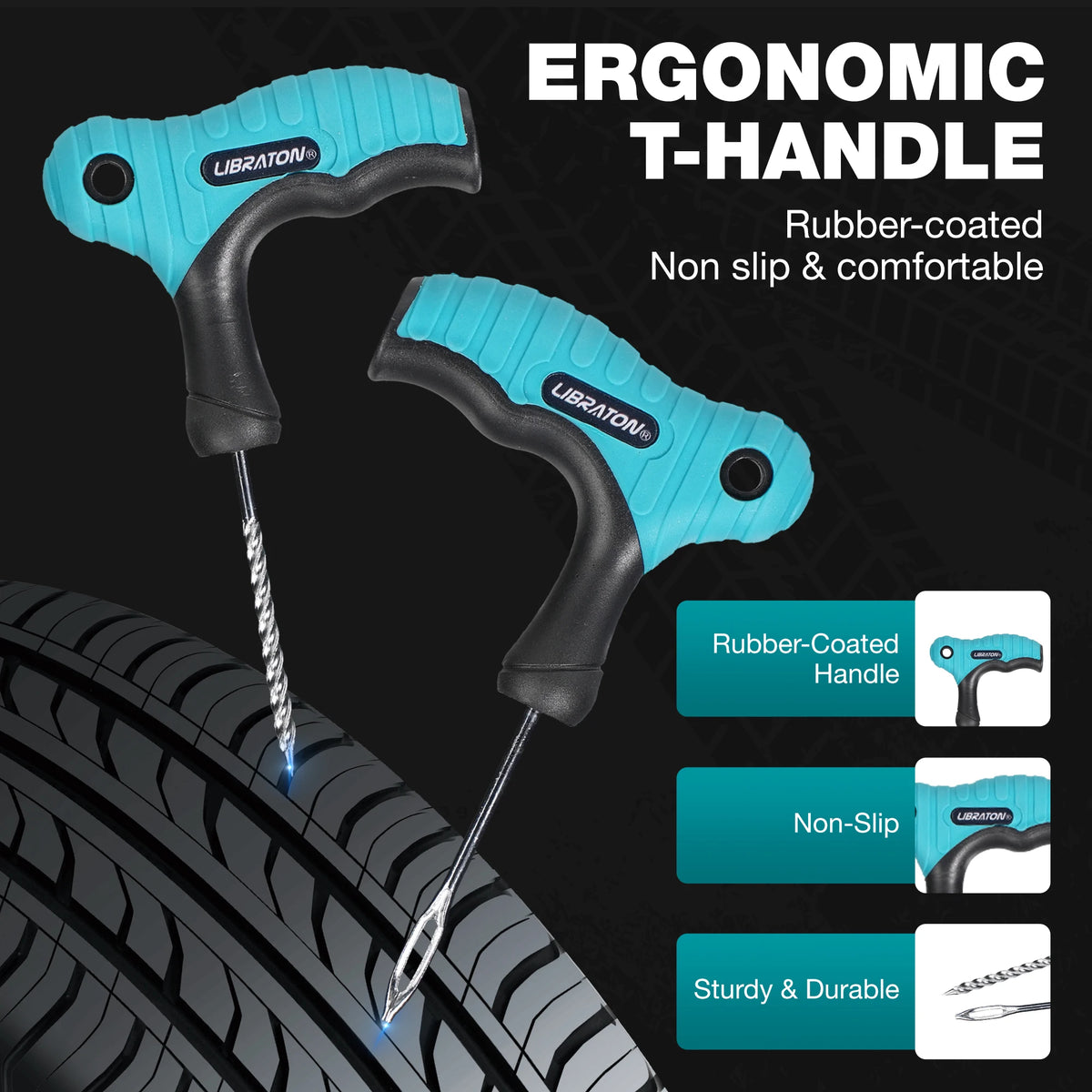 Outil à manche en caoutchouc ergonomique recouvert pour réparer des pneus, montré sur un fond de pneu.