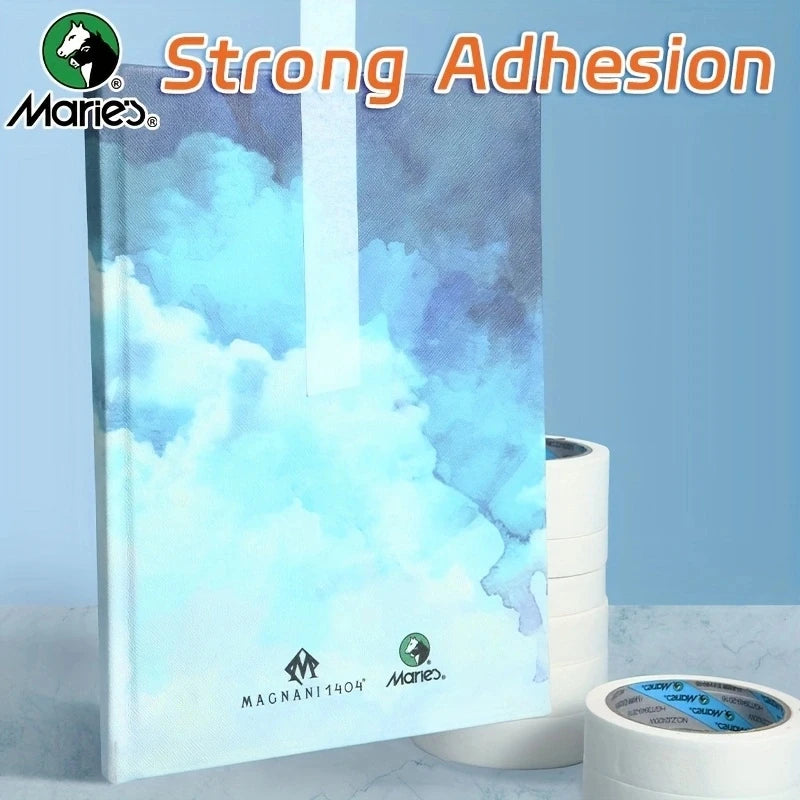 A box of Marie's strong adhesion masking tape is shown against a light blue background.