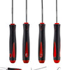 A set of long, slender seal screwdrivers with metal shafts and black and red handles.
