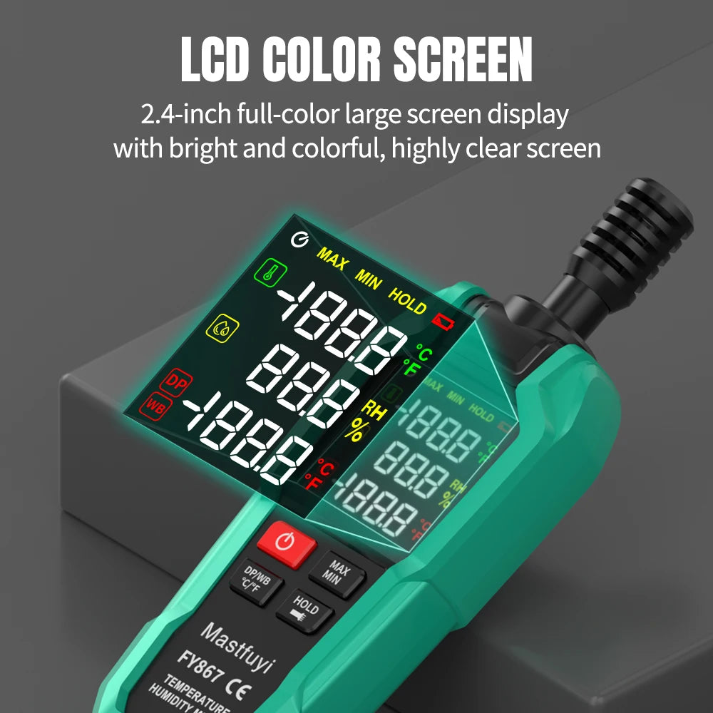 A green digital thermohygrometer with a large LCD color screen displaying temperature and humidity.
