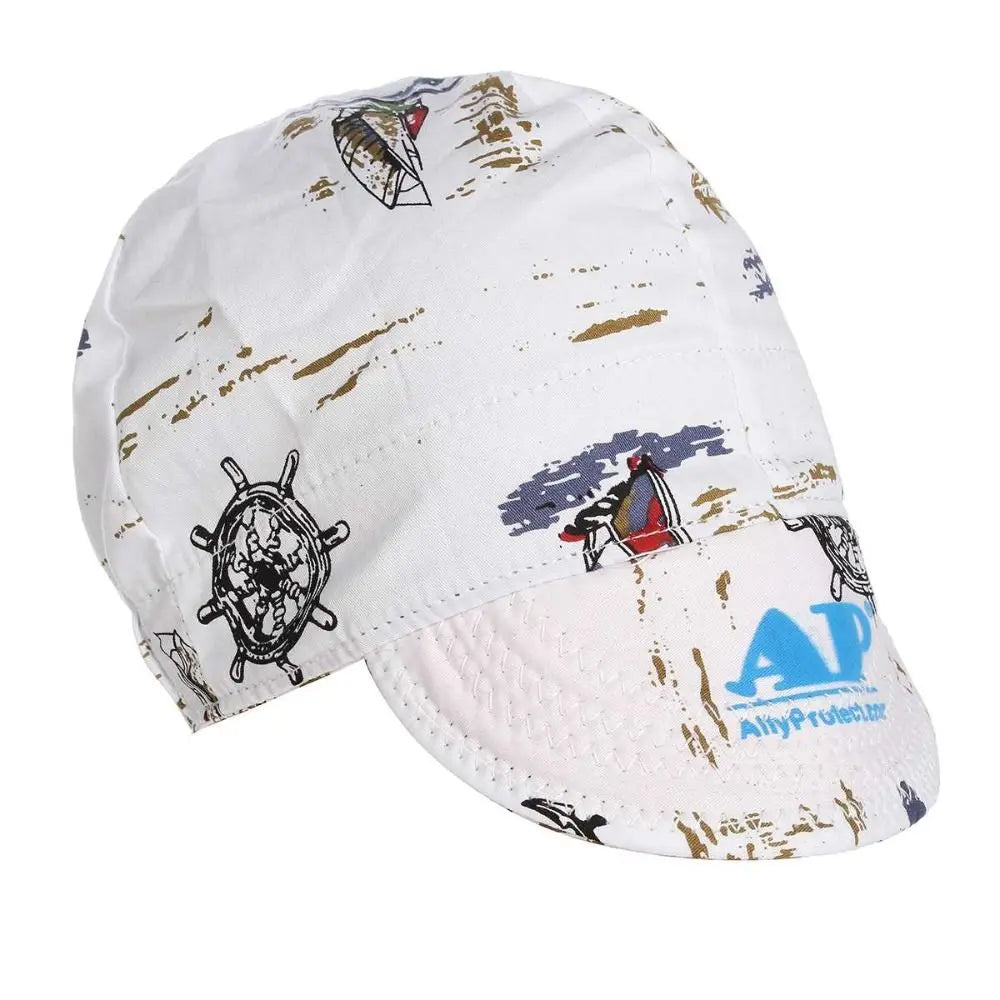 White work cap with gold and blue camouflage pattern featuring a small flag design.