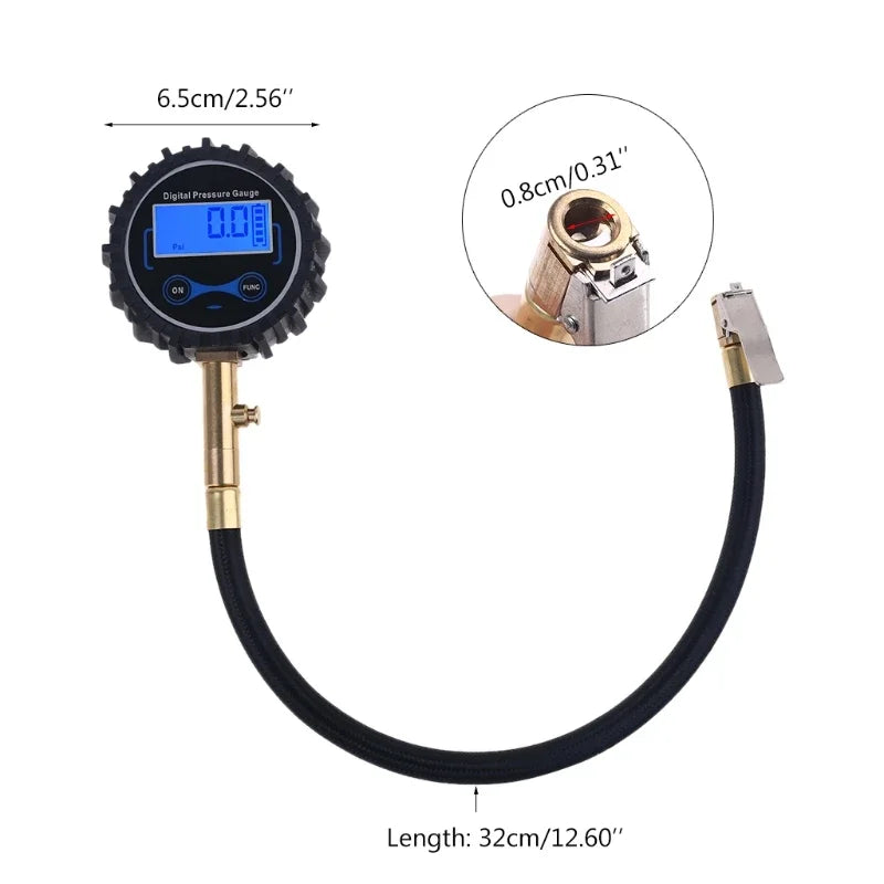 A black digital tire air pressure gauge with a flexible hose and brass fitting.