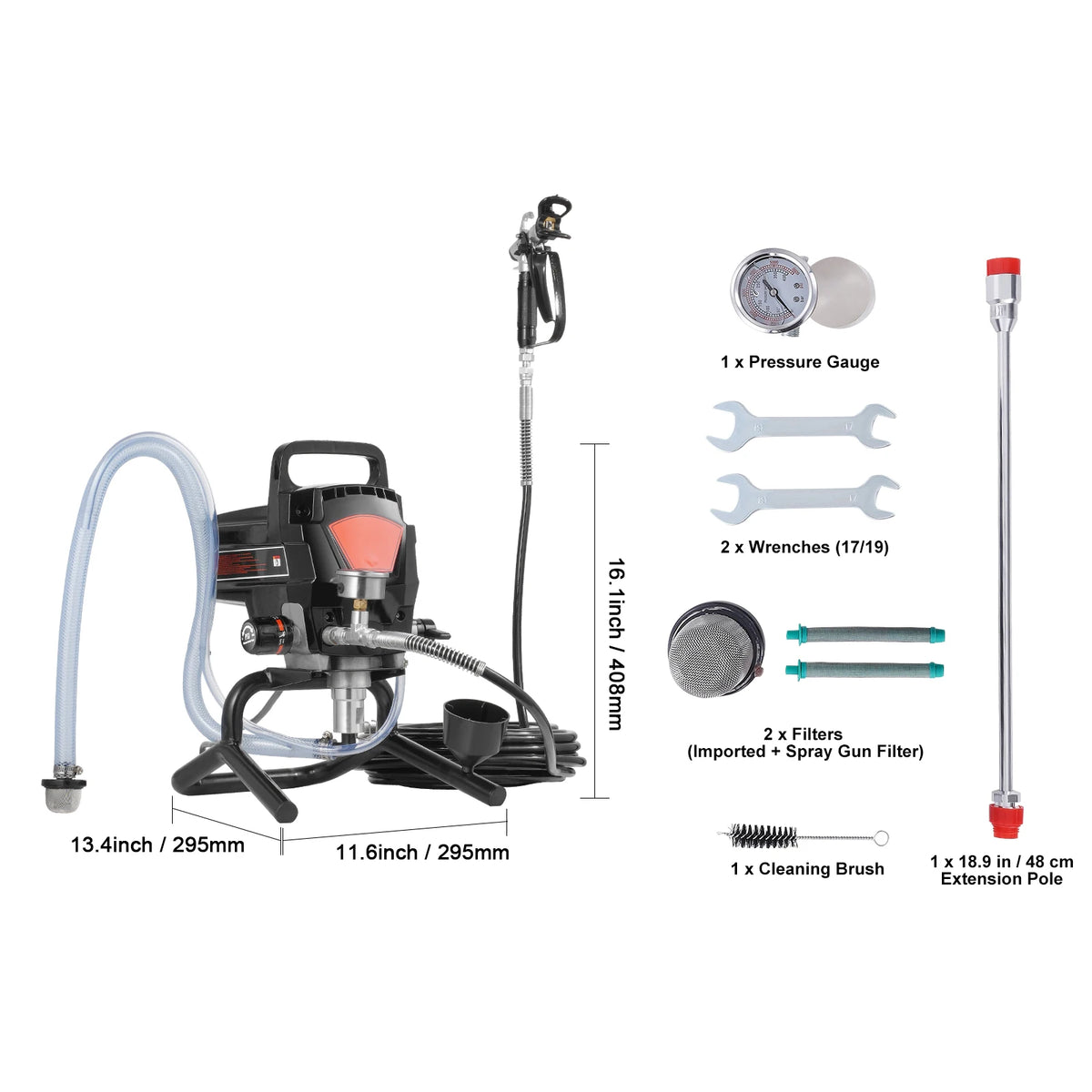Professionelles elektrisches Airless-Lackierkit inklusive Pumpe, Schläuche, Druckmesser, Schlüssel und Reinigungsbürste