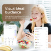 A woman is using a digital smart kitchen scale to measure food portions for visual meal guidance.