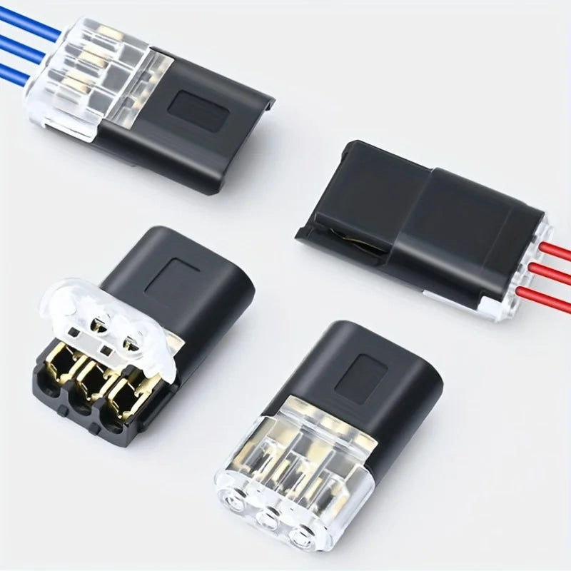 A set of black wire connectors with clear insulation and red wires for automotive and electronics applications.