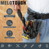 A hand is holding a black tool pouch with a quick release belt clip and 13 vertical pockets, worn on denim jeans.