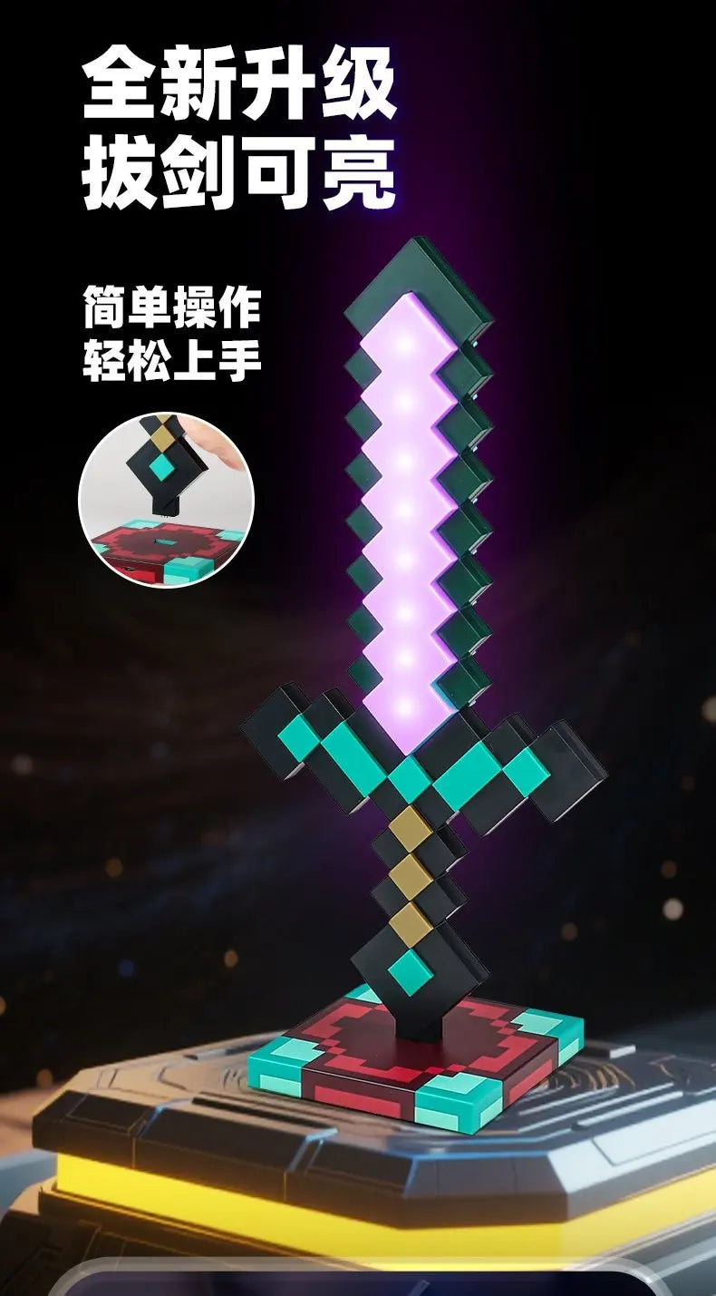 A glowing purple diamond sword prop is displayed on a futuristic base, highlighting its light-up features.