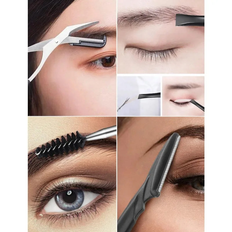 A set of professional eyebrow trimming tools including tweezers and precision scissors for shaping eyebrows.