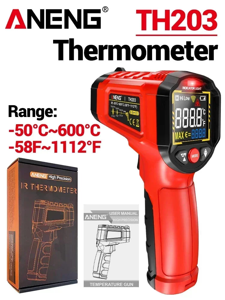 Red ANENG TH203 infrared thermometer device and box showing the product details.