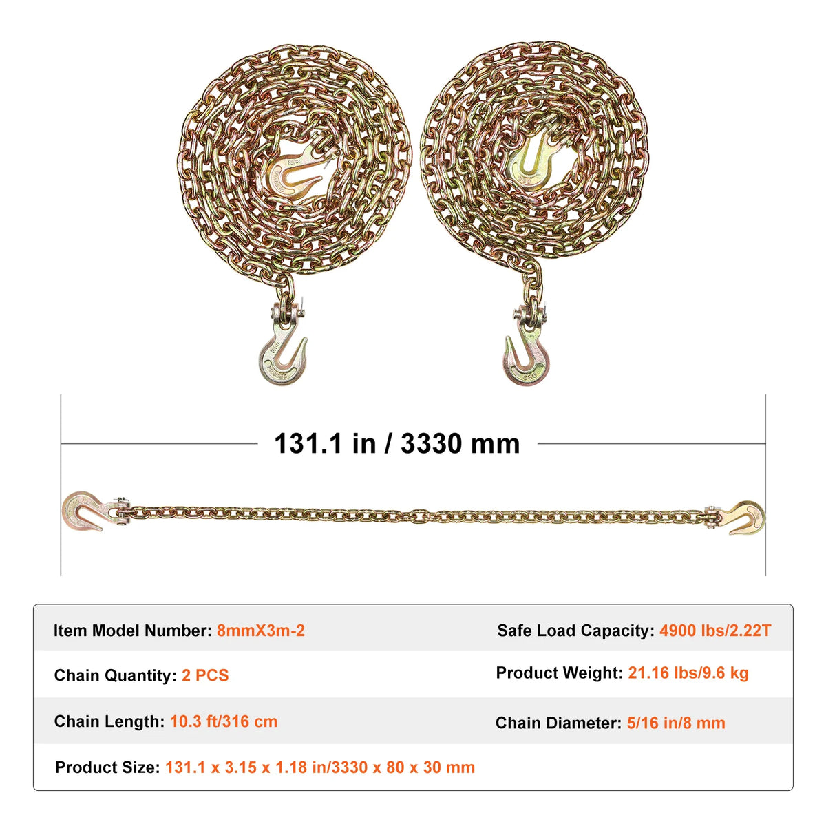 A set of heavy duty transport binder chains with hooks and a measuring bar shown against a white background.