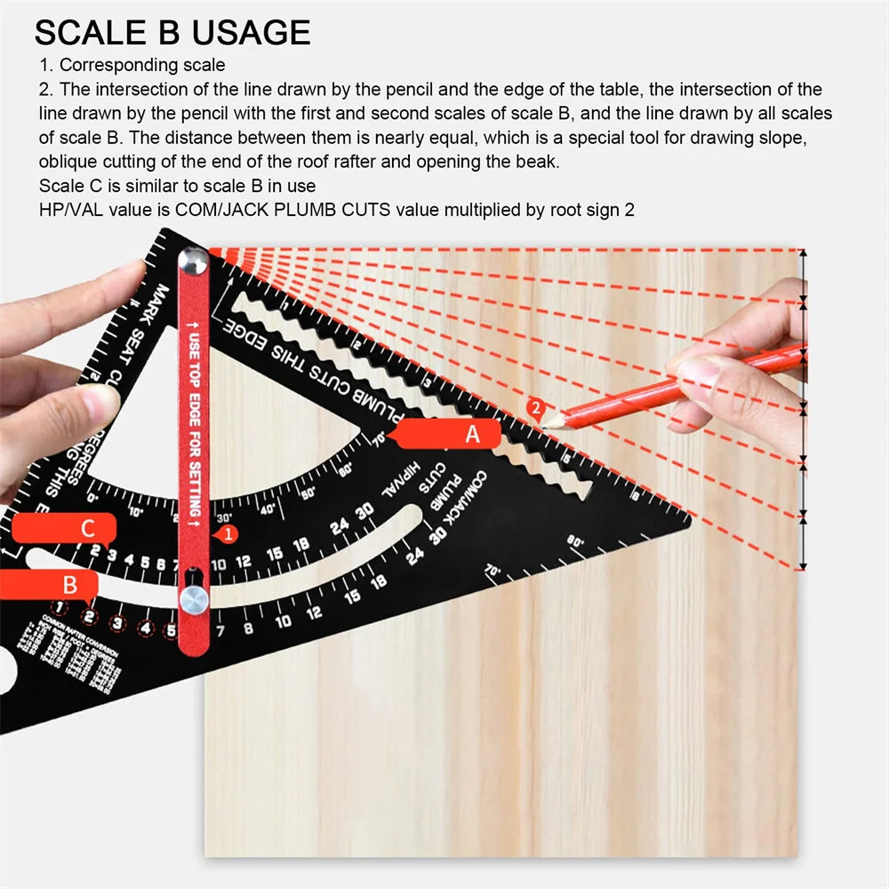 Precision aluminum angle measuring ruler demonstrating scale B usage for roof rafter and opening calculations