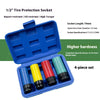 A blue case containing a 4-piece set of 1/2 inch tire protection sockets for wheel hubs.