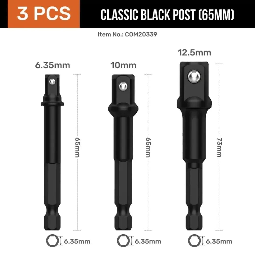 Three classic black posts, 65mm long, for a precision socket wrench adapter set.