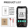 A black digital multimeter is shown alongside various test probes and accessories.