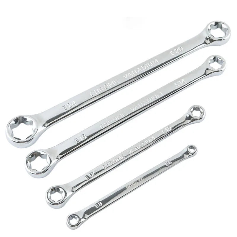 A set of precision E-Torx hex sockets with various sizes and lengths.