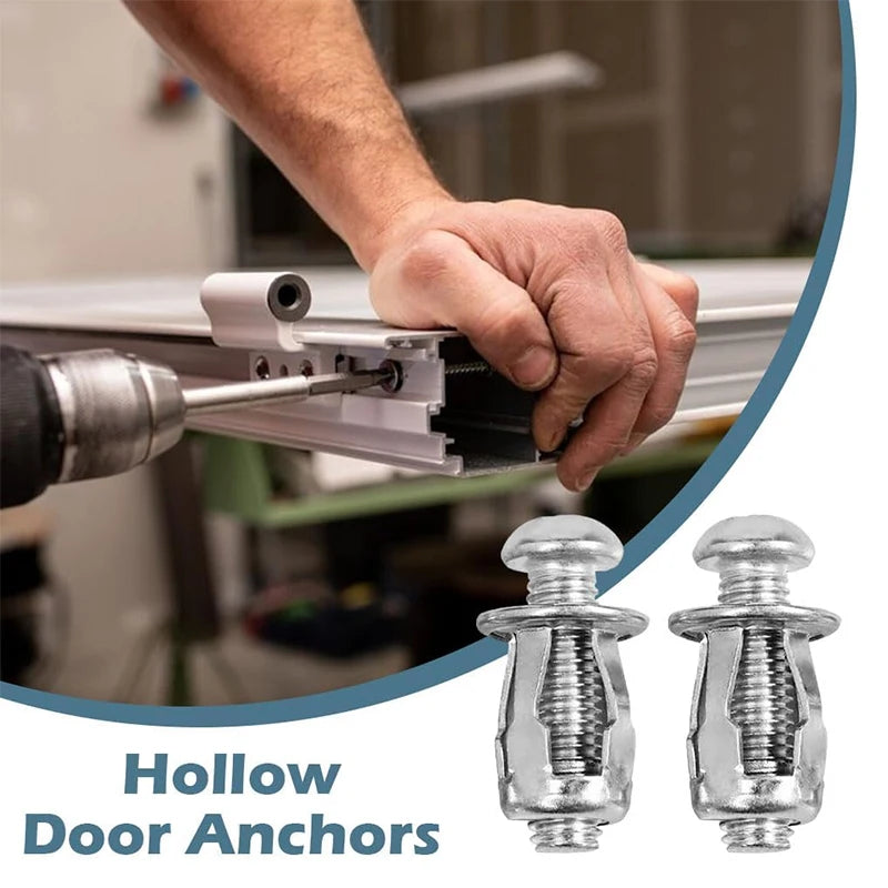 A set of silver hollow door anchors and expansion jack nuts with petal screws shown being used to install a door.