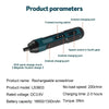 A cordless screwdriver with a green and black body showing various product parameters like charging ports and speed control s