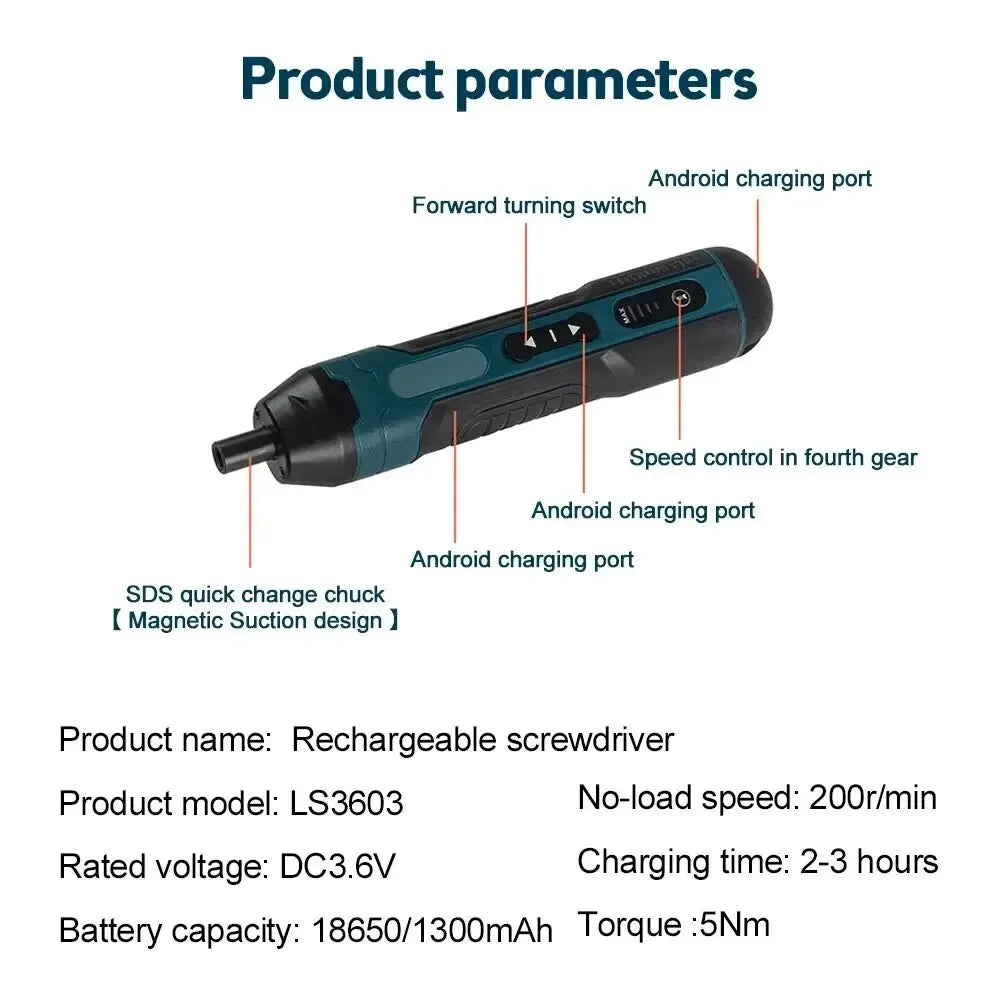 A cordless screwdriver with a green and black body showing various product parameters like charging ports and speed control s