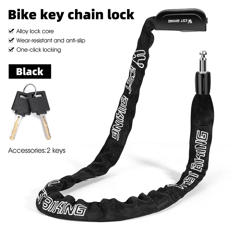 Porte-clés de vélo noir avec serrure en alliage et mécanisme à clic simple.