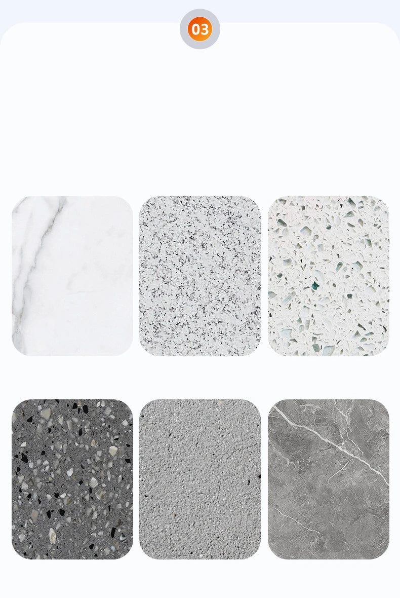 A set of integrated stone trimming polishing discs showing various textures and colors of natural stone slabs.