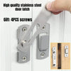 A hand holds a high quality stainless steel door latch mechanism with four screws, shown installed on a white door.
