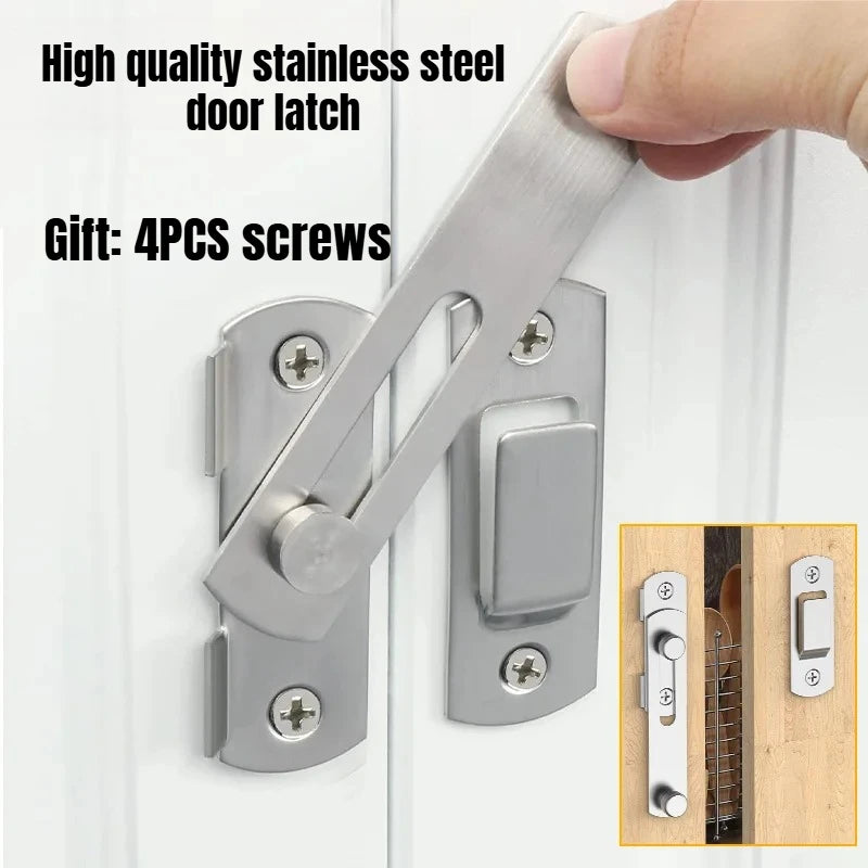 A hand holds a high quality stainless steel door latch mechanism with four screws, shown installed on a white door.