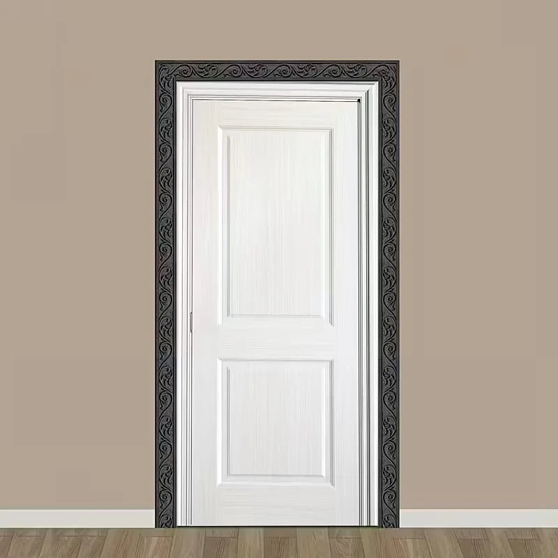 White door with black decorative molding installed on a beige wall.