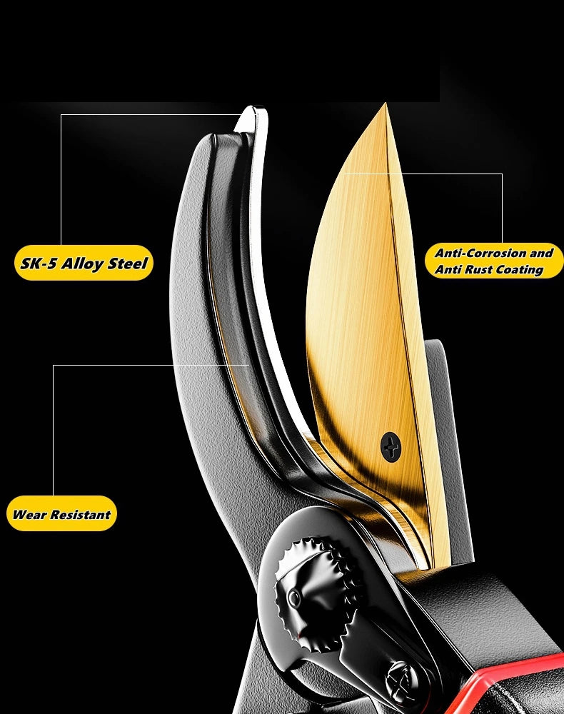 Close-up of a pair of professional metal pruning shears featuring an SK-5 Alloy Steel blade and handle.