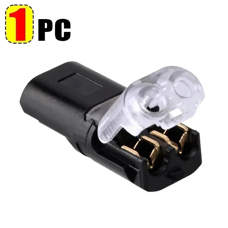 A single black pluggable wire connector with clear plastic crimp terminals.