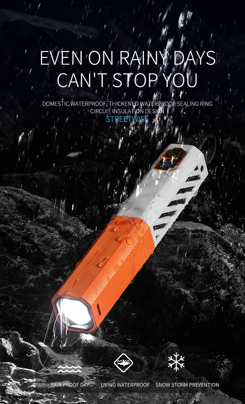 An orange and white LED flashlight is shown being used in a rainy outdoor environment.