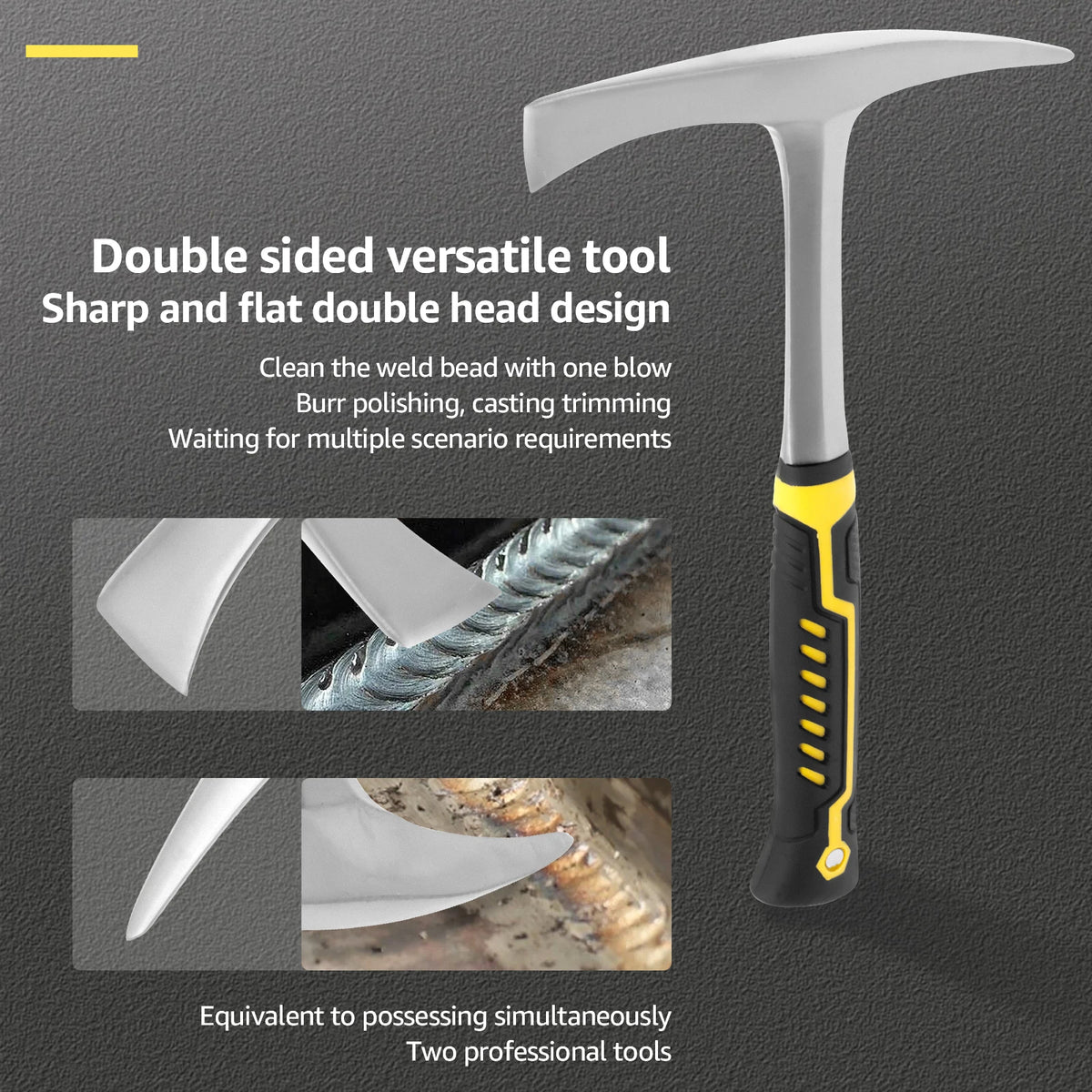 A silver versatile tool with a sharp and flat double head design shown next to its components.