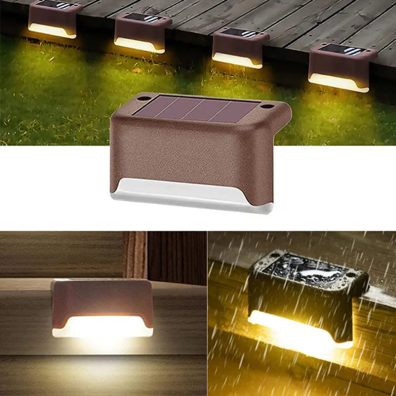 Modernes, rechteckiges Solarlampe-Decklicht in brauner Ausführung beleuchtet ein Outdoor-Geländer oder einen Weg.
