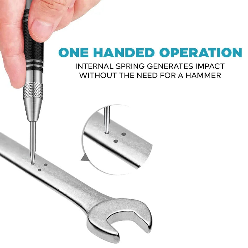 A hand is operating an automatic centre punch tool, which uses an internal spring to generate impact without a hammer.