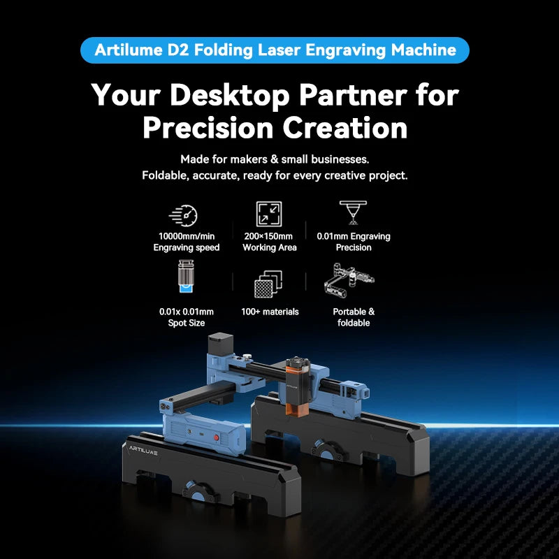 A desktop folding laser engraving machine with a movable platform and engraving tool.