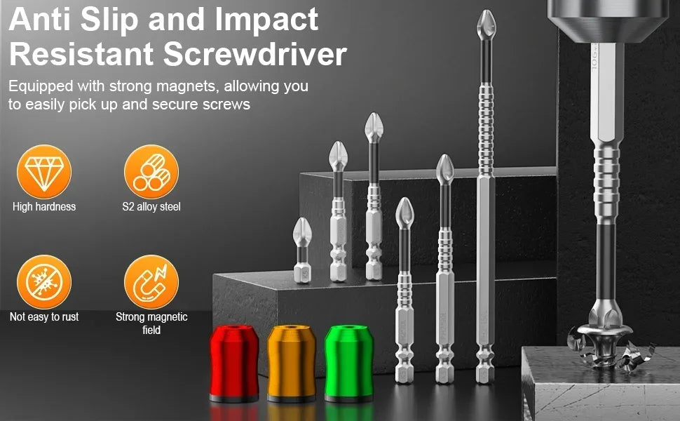 A set of anti slip and impact resistant screwdrivers with various sizes and magnetic tips displayed on a dark surface.