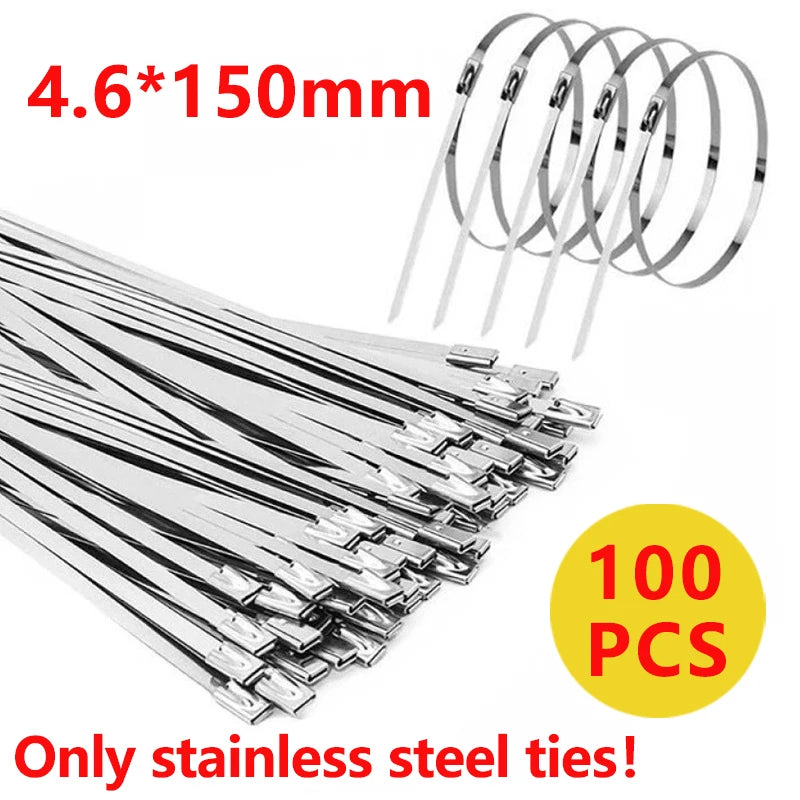 A bundle of stainless steel cable ties and a cutting tool are shown with a measurement of 4.6*150mm.