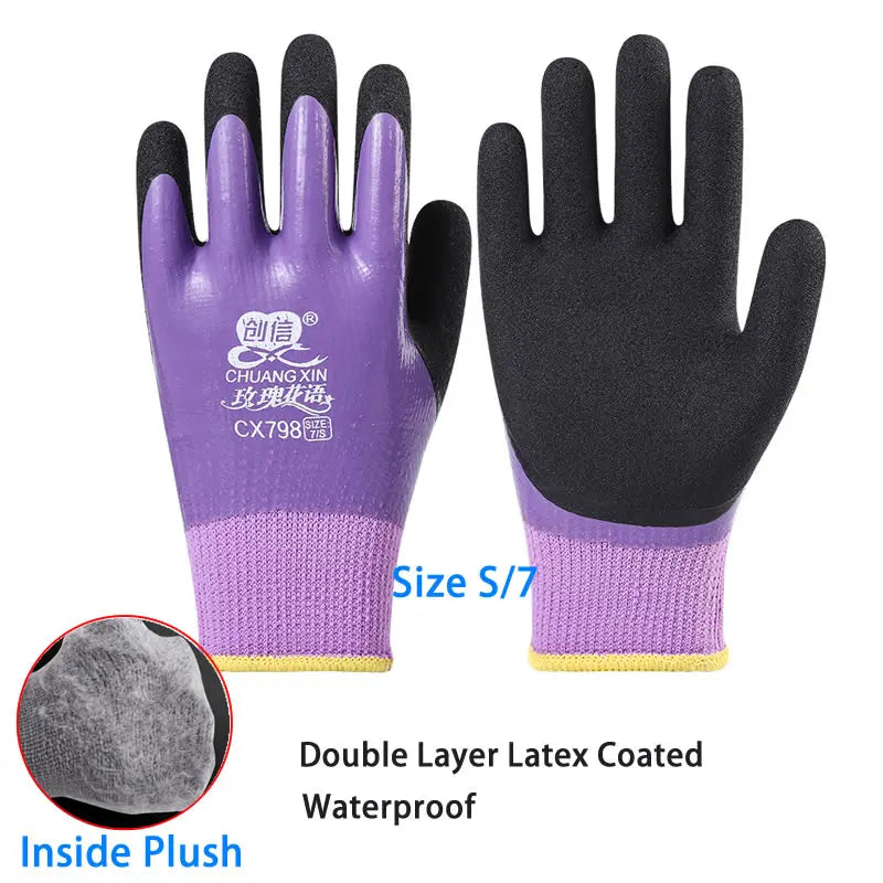 Purple and black double layer latex coated waterproof work gloves with plush inside
