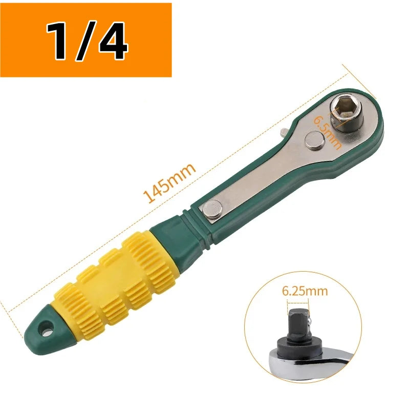 A green and silver adjustable ratchet wrench with a yellow grip and a hexagonal socket visible.